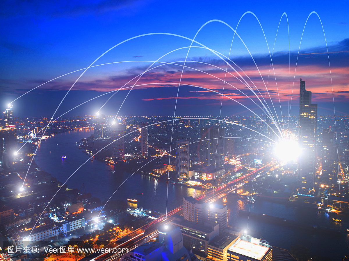 商業(yè)網(wǎng)絡連接概念和城市Wi-Fi。技術交流。背景模糊了首都的建筑。